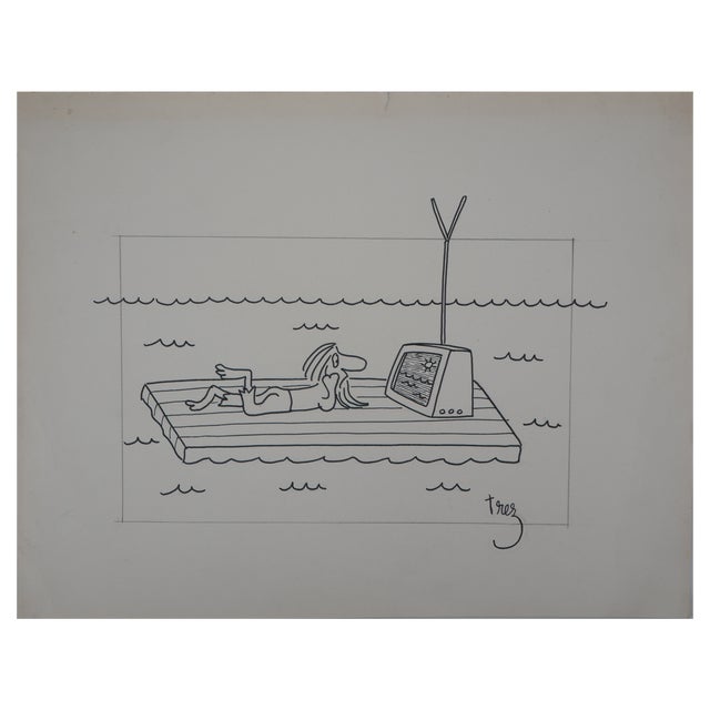 Alain Trez, Télé à la Mer, Mer à la Télé, Ink Drawing on Paper For Sale