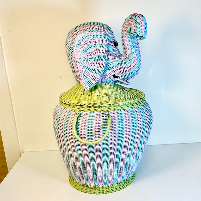 1997 Vintage Boho Chic Coastal Cabana Striped Wicker Elephant Basket Hamper, Signed Jen Lee For Sale - Image 9 of 17