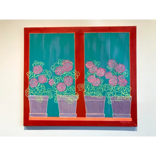 1990s Fauvist Style Oil Painting of Flower Planters in a Window by Molly Schiff For Sale - Image 10 of 10