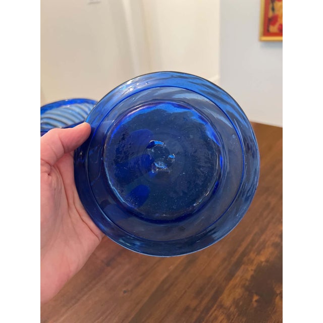 Vintage Hand-Blown Cobalt Blue Glass Pitcher With Matching Saucer For Sale In San Francisco - Image 6 of 9