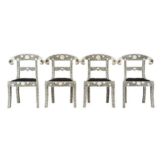 Early 20th Century Set of 4 Anglo-Indian style, bone inlay, ram's head dining chairs For Sale