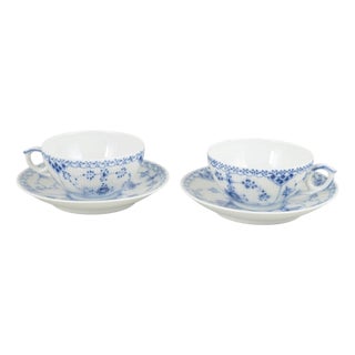 Blue Fluted Half Lace Two Teacups with Saucers by Royal Copenhagen, 1980s, Set of 4 For Sale