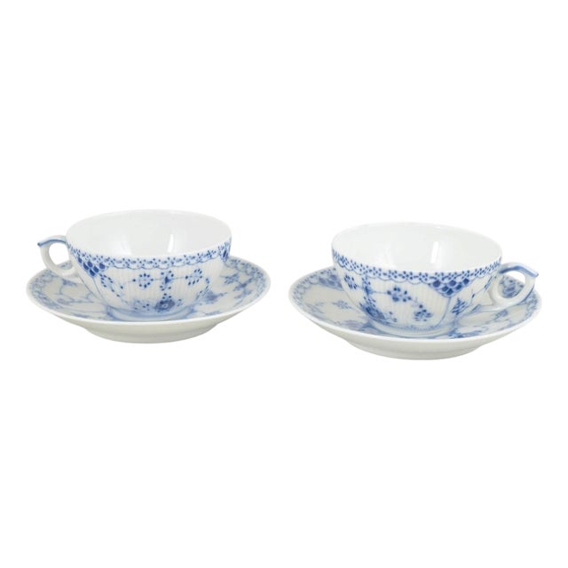 Blue Fluted Half Lace Two Teacups with Saucers by Royal Copenhagen, 1980s, Set of 4 For Sale