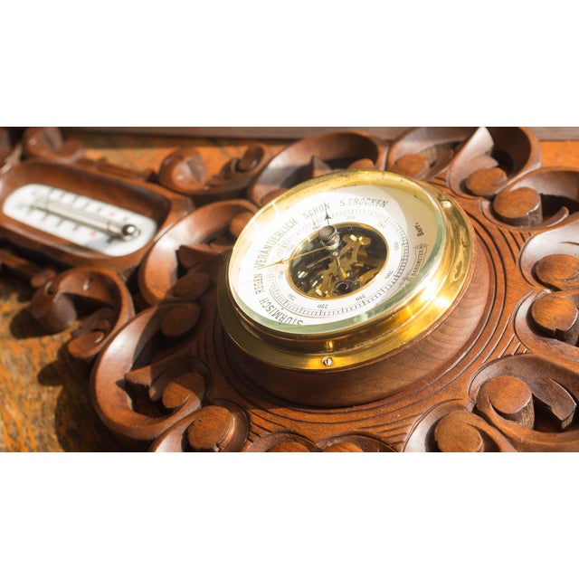 1893 Antique German Aneroid Barometer Thermometer by (g.l.). Hand-Carved Case and Glass Thermometer With Beveled Edges For Sale - Image 9 of 11