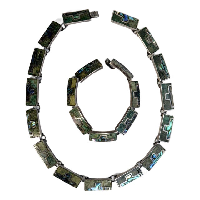 Mexican Sterling Silver, Turquoise and Abalone Necklace and Bracelet Set For Sale