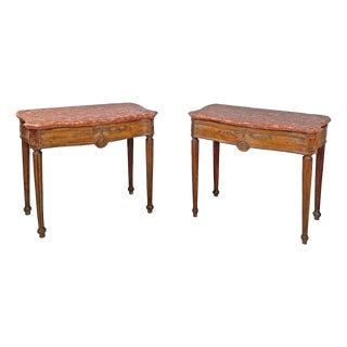 Italian Antique Wooden Consoles with Red Marble Tops and Decorations, 1600s, Set of 2 For Sale