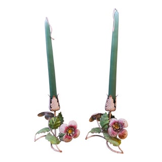 Pair of Vintage Italian Tole Floral Single Candle Holders For Sale