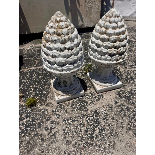 Sculpture Materials Pair of Vintage Weathered Pinecone Garden Finials For Sale - Image 7 of 11