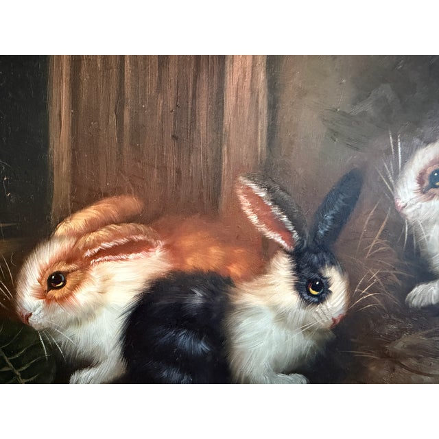 Late 20th Century Vintage R Mario Oil Painting Three Rabbits Bunnies Farmhouse Art Gold Frame For Sale - Image 5 of 10