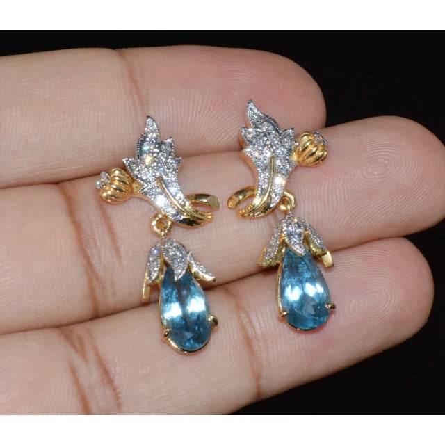 Gemstone Certified Natural 5.67Cts VS F Diamond Aquamarine 18K Gold Dangle Earrings, A Pair For Sale - Image 7 of 10