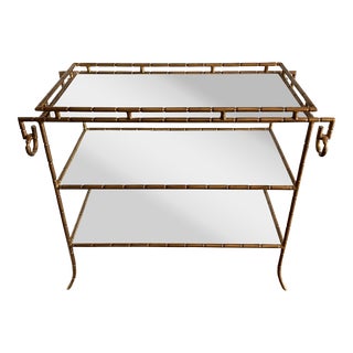 Vintage Gilt Faux Bamboo Bar Cart With 3 Antiqued Mirrored Shelves For Sale