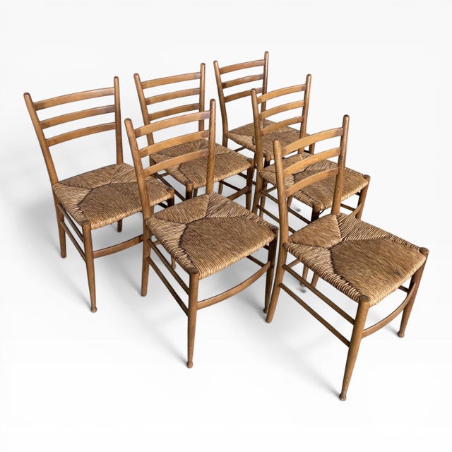 Vintage Rush Seat Ladderback Dining Chairs by Gio Ponti, 1970s For Sale - Image 9 of 10