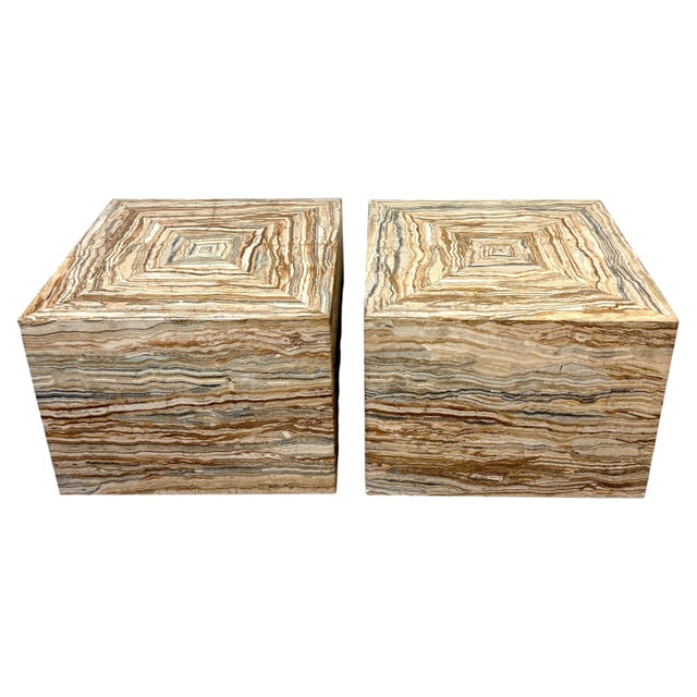 Pair of Italian Specimen Travertino Oniciato (Onyx Travertine) Cube Side Tables, Style of Romeo Rega This pair of Italian...