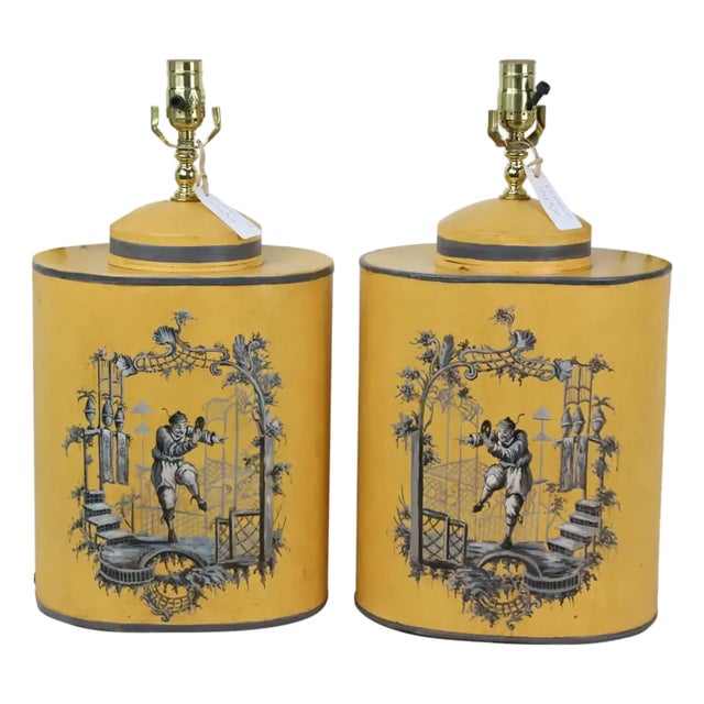 A Pair of Vintage English Chinoiserie Hand-Painted Yellow Tea Canister Table Lamps For Sale