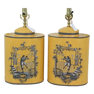 Vintage English Chinoiserie Hand-Painted Yellow Tea Canister Table Lamps - Pair For Sale