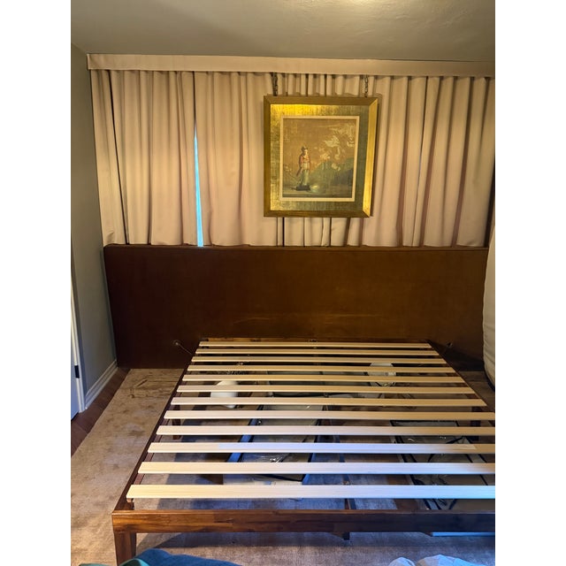 Custom Wall to Wall Velvet Headboard and Walnut King Sized Bed Frame For Sale - Image 10 of 13