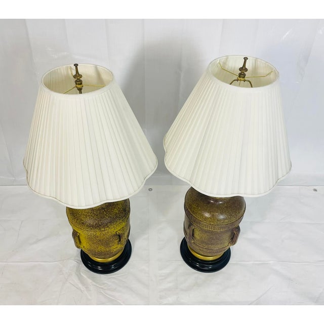 Frederick Cooper Pair of Frederick Cooper Yellow-Green Glazed Ceramic Table Lamps, Vintage Mid-Ce For Sale - Image 4 of 9