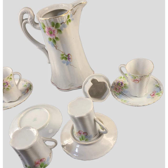 Vintage Nippon Hand-Painted Floral Apple Blossoms Chocolate Tea Set- 9 Pieces For Sale - Image 4 of 7