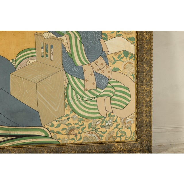Japanese Hand-Painted Silk Artwork of a Seated Concubine in Giltwood Frame For Sale - Image 4 of 12