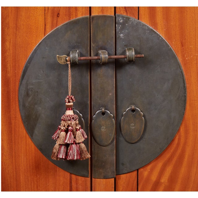 Wood Large Qing Dynasty Oak Wood Compound Cabinet With Brass Medallions For Sale - Image 7 of 8