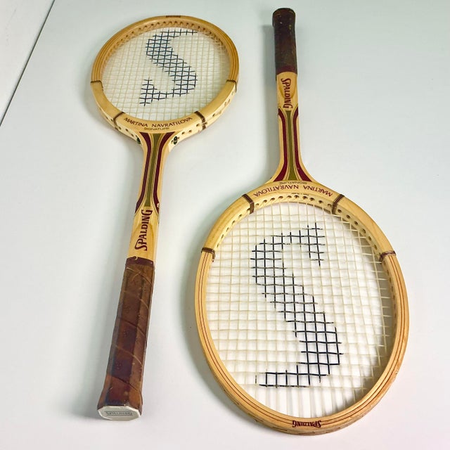 Maroon 1980s Vintage Martina Navratilova Signature Spaulding Tennis Racket - A Pair For Sale - Image 8 of 12
