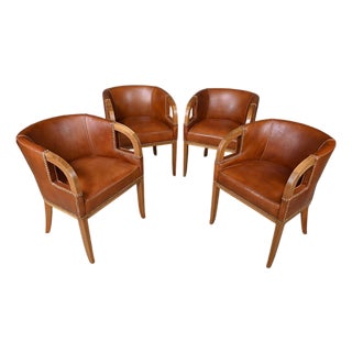 Vintage Art Deco Chairs in Walnut and Leather, 1940, Set of 4 For Sale