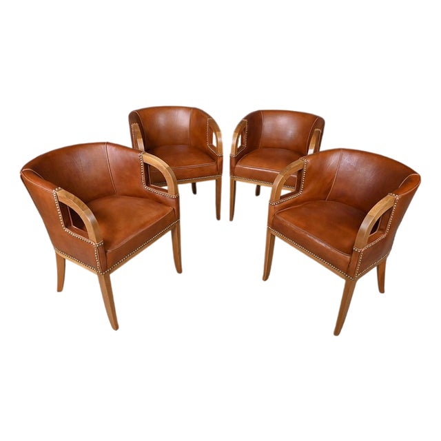 Vintage Art Deco Chairs in Walnut and Leather, 1940, Set of 4 For Sale