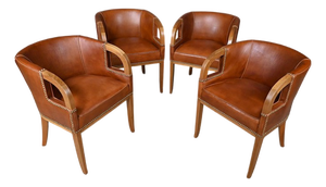 Vintage Art Deco Chairs in Walnut and Leather, 1940, Set of 4