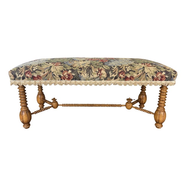 Vintage Jacobean Tapestry Hall Bench With Turned Wood Legs, Scalloped Fringe & Upholstered Floral Seat For Sale