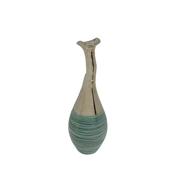 1990s Teal Green Metallic Silver Glaze Narrow Neck Ceramic Art Vase For Sale - Image 5 of 11