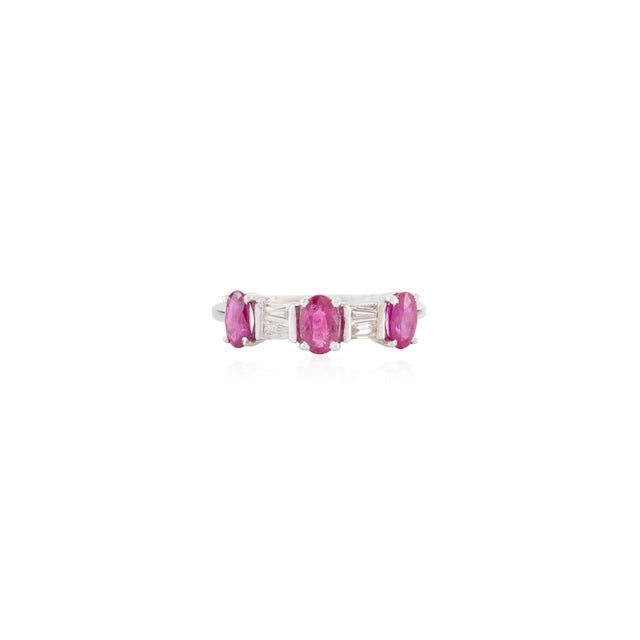 Asian 14k White Gold Statement Oval Ruby and Baguette Diamond Three Stone Ring Size 5.5 For Sale - Image 3 of 14