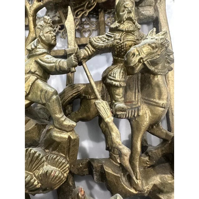 Antique Chinese Gilt Carved Wood Wall Panel, Battle Scene Relief For Sale - Image 4 of 15