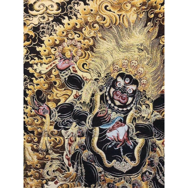 Mid 20th Century Xizang Embroidery and Brocade Thangka Buddha Painting - Wrathful Deity Protector Wall Art - Hand Painted Buddhist Sacred Scroll For Sale - Image 4 of 7