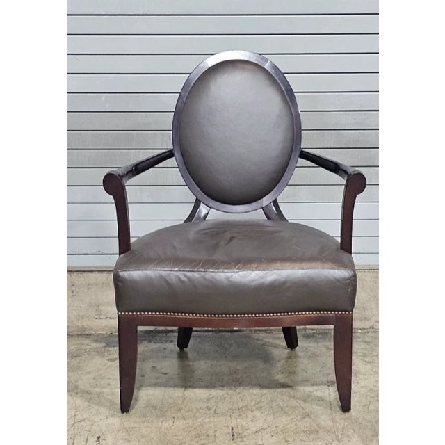 Traditional Late 20th Century Oval X-Back Arm Chair Barbara Barry for Baker Furniture Brown Leather Fabric For Sale - Image 3 of 10