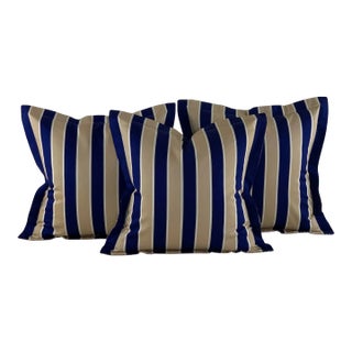 Designer Vicki Payne Free Spirit Cream Navy & Taupe Stripe Pillow Covers- Set of 3 For Sale