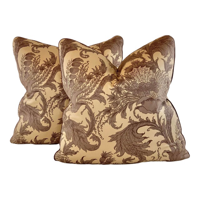 Designer Vicki Payne Free Spirit Brown & Taupe Block Print Botanical Floral Leaf Pillow Covers- a Pair For Sale