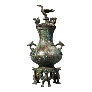 Archaistic Bronze Vase With Bird Finial & Calligraphy For Sale