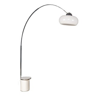 Vintage Italian Chrome Arc Floor Lamp with Opaline Shade, 1970s For Sale