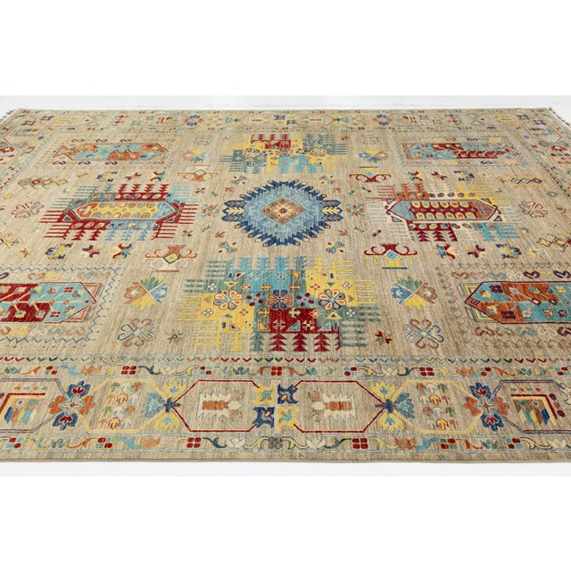 Beige Kazak Style Hand-Knotted Wool Rug – Neutral Beige & Vibrant Multi-Color Tribal For Sale - Image 8 of 10