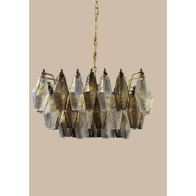Murano Italian Poliedri Chandelier, 56 Hand-Blown Clear & Smoked Glass Elements, Brass Frame, 1970s Style For Sale - Image 4 of 4