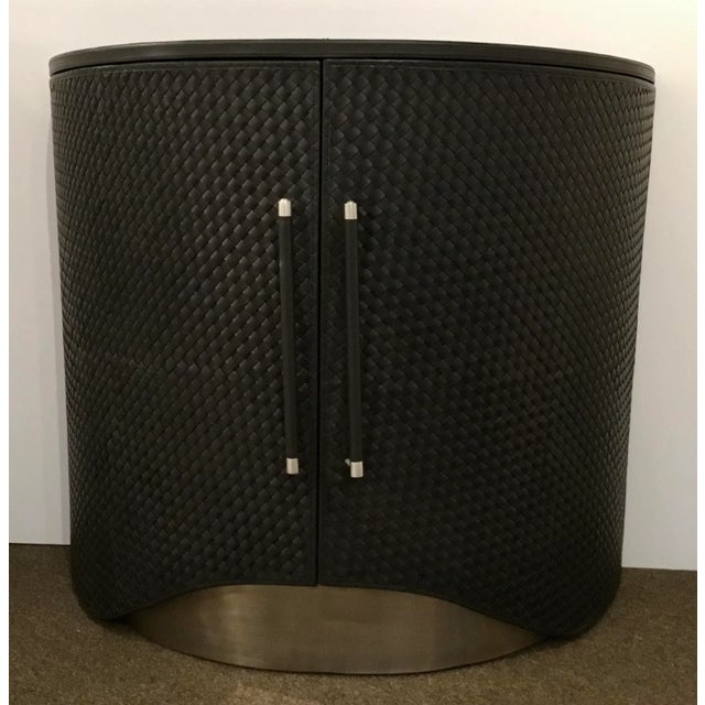 Original Retail $7200, stylish Studio a Home Modern Smokey Black Leather Milan Demi Lune Table, basket wave design, light...