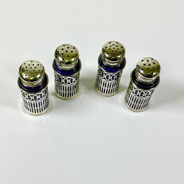 1940s Vintage Art Deco Hollywood Regency Cobalt & Silverplate Salt & Pepper Shakers - Set of 4 For Sale - Image 9 of 14