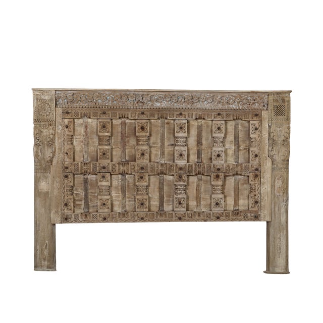 2020s King Headboard Constructed From an Antique Indian Carved Teakwood Door and Pillars For Sale - Image 5 of 6