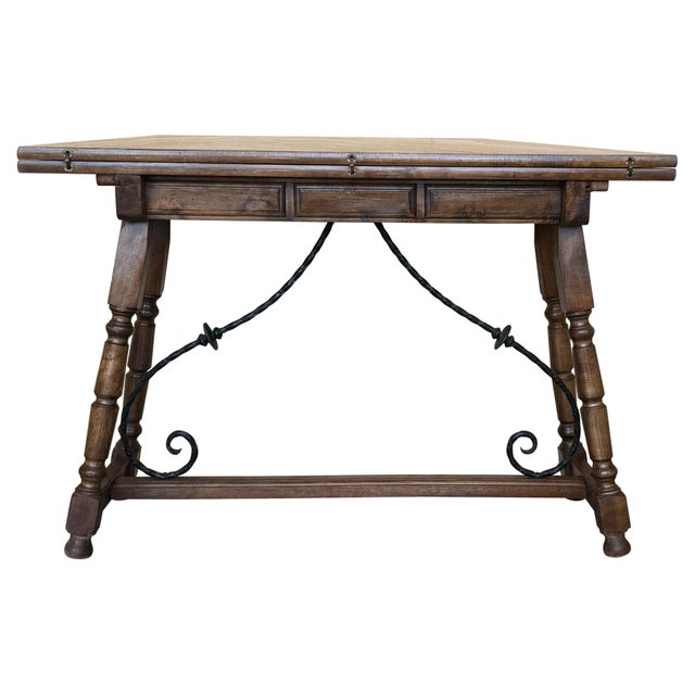 20th Century Spanish Console Fold Out Farm Table with Wood Stretcher For Sale - Image 15 of 18