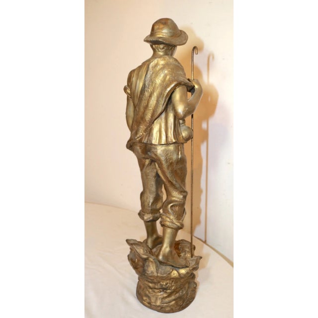 Gold Large Antique Gold Gilded Metal Sheep Herder Paysan Figural Statue Sculpture For Sale - Image 8 of 12