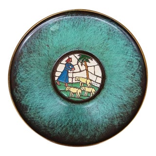 Early 1900s Copper Platter Israel Vintage Mosaic Center Bowl - Design of Joseph Israel and the Sheep For Sale