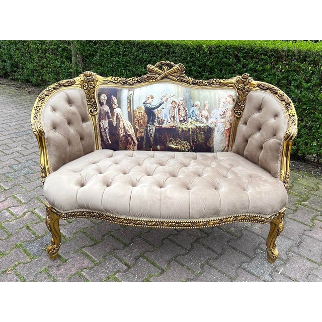 1970s French Louis XVI Tan Velvet Gilt Beech Settee For Sale - Image 17 of 17