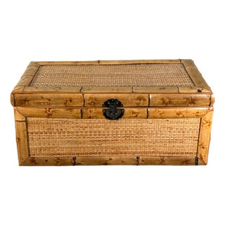 Vintage Bamboo and Woven Rattan Storage Trunk Chest For Sale