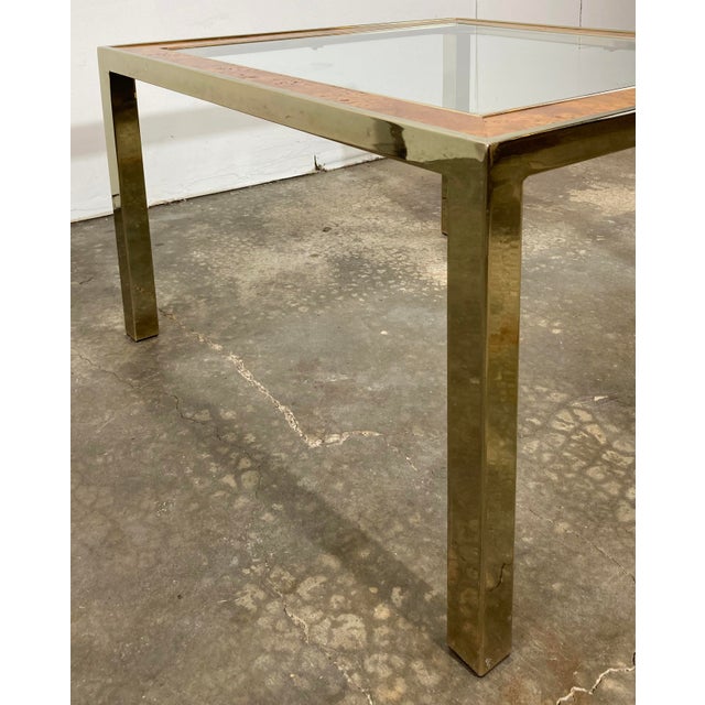 Vintage Parsons Style Burl Wood and Brass Glass Top Side Table For Sale - Image 10 of 10