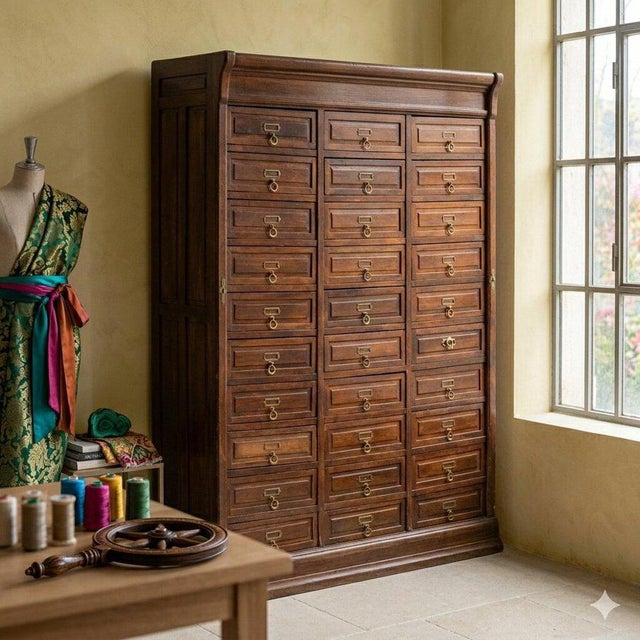 Chest of drawers in walnut-stained oak. Thirty drawers arranged in three rows, with brass handles and plates. Poplar...